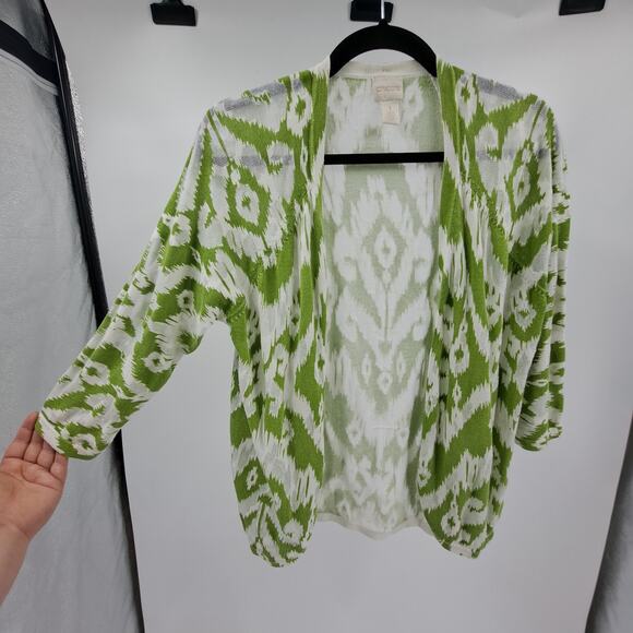 Chico's Tianna Cardigan 1 M Ikat Burnout Open Front 3/4 Sleeve Knit Green White - Picture 6 of 9